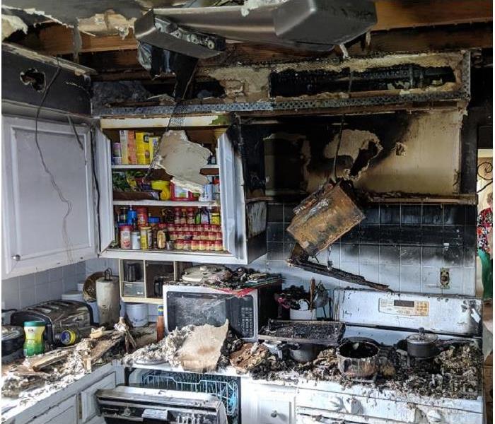 Heavy fire damage inside a kitchen
