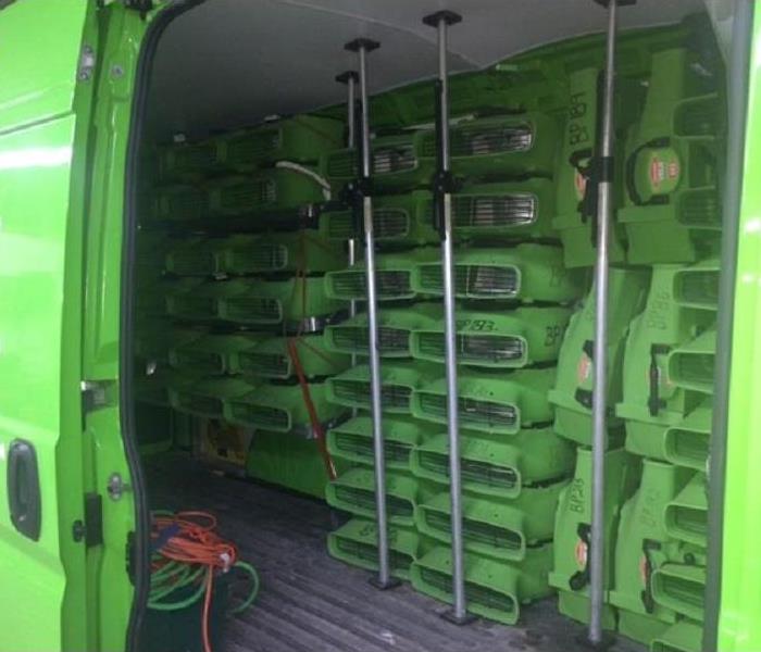 A SERVPRO truck filled with equipment, staged for quick response