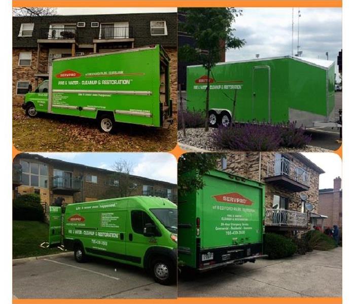 SERVPRO vehicles parked outside of large commercial properties
